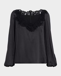 Lace-Trim Balloon-Sleeve Silk Blouse