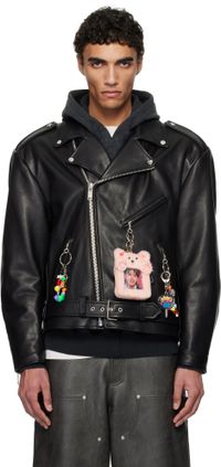 doublet Blouson motard noir en cuir à ornements de style ita
