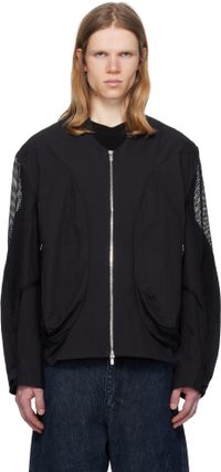 JiyongKim Black Draped Pocket Mesh Sleeve Bomber Jacket