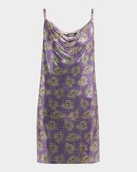 Cowl-Neck Poppies-Print Chainmail Mini Dress