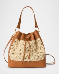 Lotus Drawstring Raffia and Leather Bucket Bag