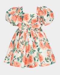 Girl's Rose Balloon-Sleeve Dress, SIze 3T-12