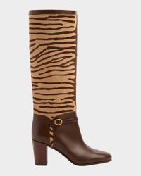 Pattie Tiger-Print Pony-Effect Calfskin Leather Knee Boots