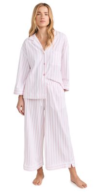 Petite Plume Women's Luxe Pink Stripe Wide Leg Pajama Set White/Pink L