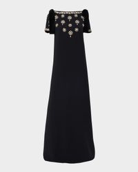 Embellished Bow-Shoulder Crepe Gown