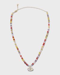 Yellow Gold Rainbow Zircon Combo Necklace with Carved Stone Eye Charm