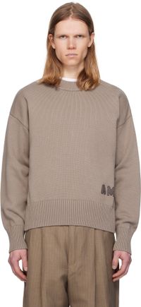 AMI Paris Taupe Cotton 'Ami' Embroidered Crewneck Sweater
