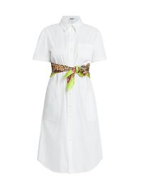 Women's Cotton Scarf-Waist Shirtdress - Fantasy Print White - Size 12