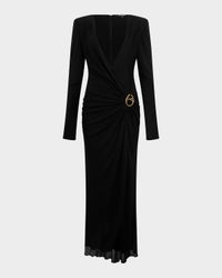 Plunging Draped Crepe Jersey Long-Sleeve Gown
