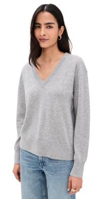 White & Warren Cashmere V Neck Pullover Grey Heather M