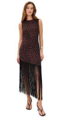 SIMONMILLER Casablanca Crepe Fringe Dress CHOCO BROWN LEOPARD XL