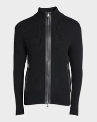 Men's Ribbed Cardigan with Leather Trim