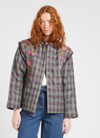 Louise Misha - Veste col rond brodée à imprimé tartan - Taille 40 - Kaki