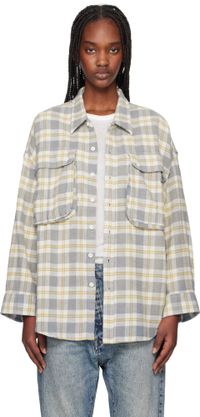 R13 Off-White & Yellow Oversized Pocket Drop Neck Shirt