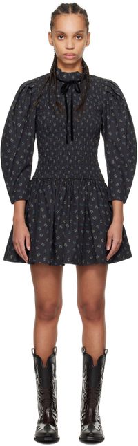 GANNI Black Printed Smock Minidress
