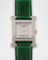 Heure H All Diamond Watch with Green Alligator Strap, 25 mm