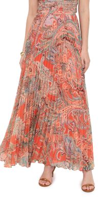 L'AGENCE Torin Pleated Maxi Skirt Orange/Light Blue Paisley 10