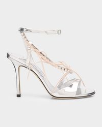 100mm Lula Metallic Leather Sandals with Crystal Bows