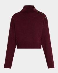 Turtleneck Button-Shoulder Cashmere Crop Sweater