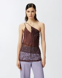 Pinko - Top asymétrique avec dentelle et paillettes - Taille 42 - Marron