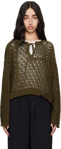 Y's Khaki Openwork Design Henry Wide Sleeve Sweater