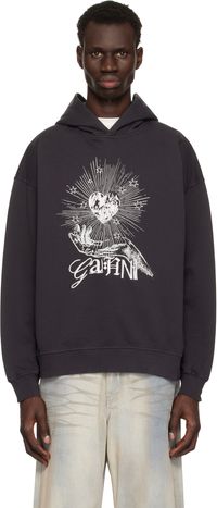 GANNI Pull à capuche noir en jersey bouclette isoli à image de cœur