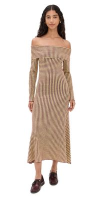LE BOP Gingham Knit Off Shoulder Dress Chocolate/Black S