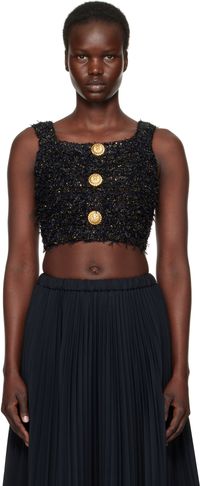 Balmain Black Tweed Knit Crop Tank Top