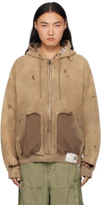 Maison MIHARA YASUHIRO Pull à capuche brun à effet décoloré au soleil et à glissière