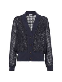 Women's Dazzling Net Embroidery Cardigan In Mohair And Wool - Blue - Size XS