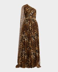 Leopard Chiffon Cape-Sleeve One-Shoulder Gown With Embroidered Belt