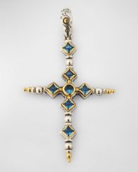 Silver and Gold Deep Blue Spinel Narrow Cross Pendant