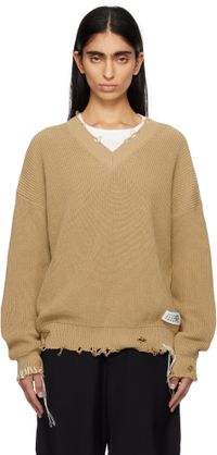 MM6 Maison Margiela Pull beige en tricot à col en V et à effet usé