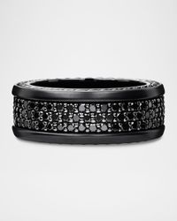 Men's Streamline Three-Row Band Ring with Black Diamonds in Black Titanium and Silver, 9mm