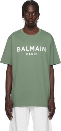 Balmain Green 'Balmain Paris' Print T-shirt
