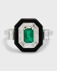 Oui 18k White Gold Black Enamel, Emerald and Diamond Ring