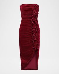 Strapless Velvet Ruffle Midi Dress