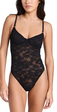 Fleur du Mal Le Stretch Multifit Lace Thong Bodysuit Black L