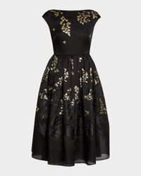 Floral Brocade Cap-Sleeve Midi Dress