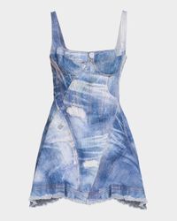 Patchwork-Print Denim Bustier Mini Dress