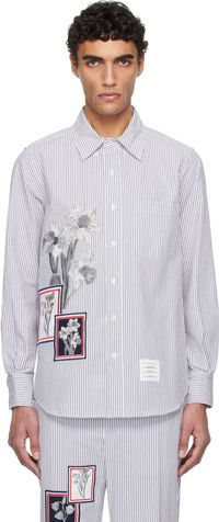 Thom Browne Navy & White Seersucker Framed Floral Shirt