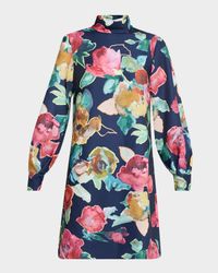 Elizabeth Floral Crepe Long-Sleeve Shift Dress