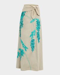 Floral Sequin Embroidered Linen Slit Maxi Skirt