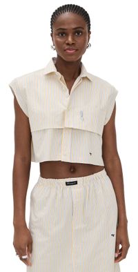 HOMMEGIRLS Sleeveless Layered Cropped Shirt Yellow Stripe Oxford S