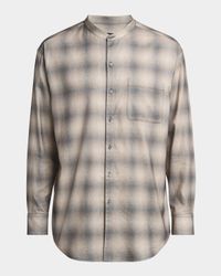 Men's Faded Plaid Cotton and Lyocell Nehru-Collar Sport Shirt