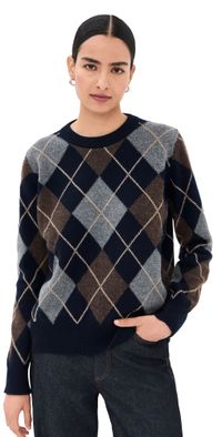 &Daughter Argyle Slouch Lambswool Crewneck Sweater Navy With Brown S