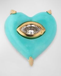 14K Yellow Gold Marquis Diamond and Turquoise Heart Earring, Single