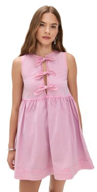 GANNI Washed Stretch Cotton Mini Bow Tie Dress Bleached Mauve 42