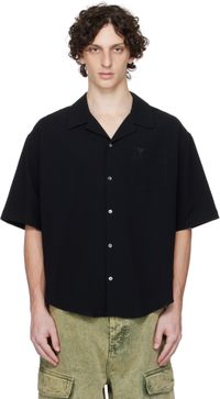 AMI Paris Black Cotton Camp Collar Shirt