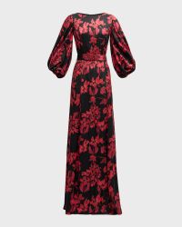 Belted Floral-Print Twill Gown
